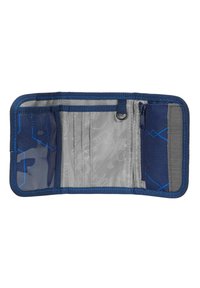 Navy wallet with a textured finish, interior compartments include a clear ID slot and zippered pocket. Features blue stitching accents.