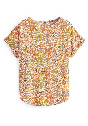 Kortærmet bluse med indviklet mønster af orange, gule og grønne blomster på hvid baggrund, rund halsudskæring, letvægtsstof.