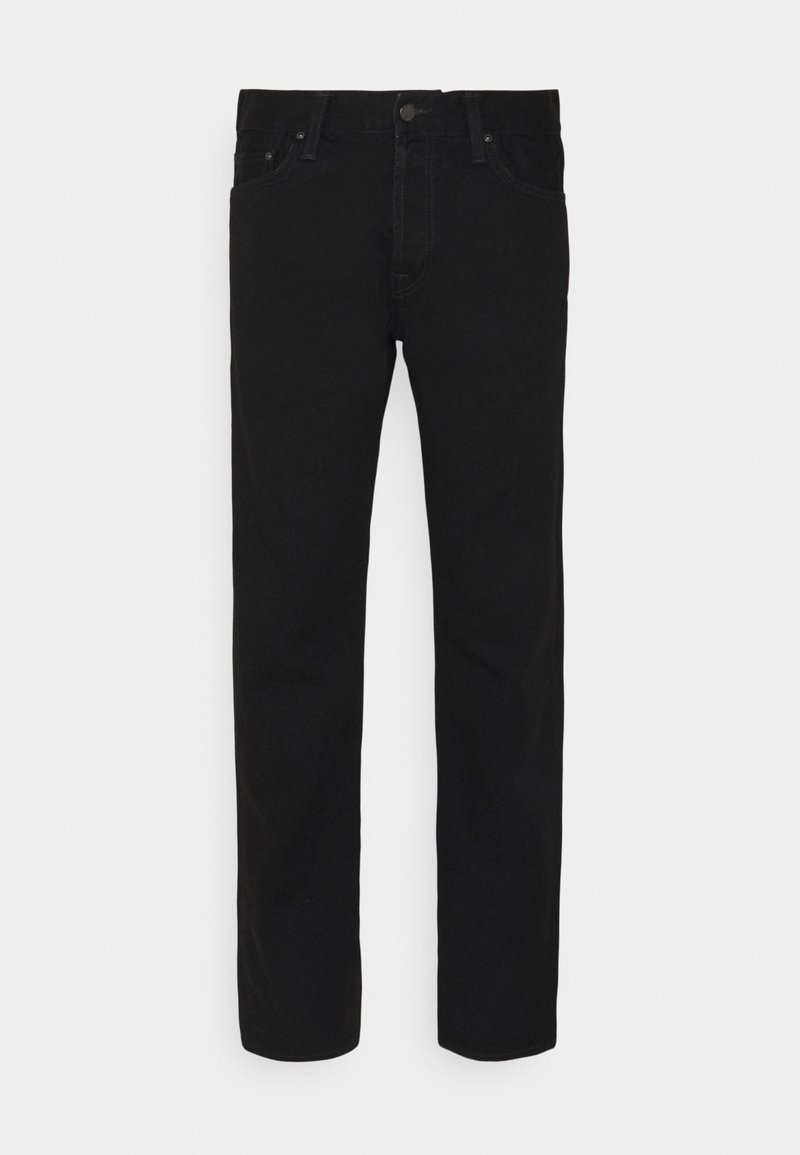 Pantalones de mezclilla negra con un diseño de pierna recta, que cuentan con un cierre clásico de botón y cremallera, bolsillos estándar y detalles de costura mínimos.