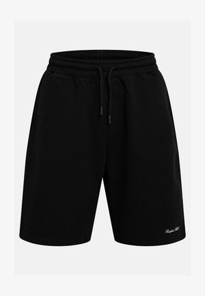 Black casual shorts with elastic waistband and drawstring, two side pockets, and small logo embroidery on left leg hem.