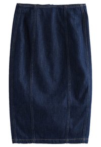 Gonna a matita in denim blu scuro con cuciture a contrasto arancioni. Presenta un design semplice e aderente con lunghezza al ginocchio.