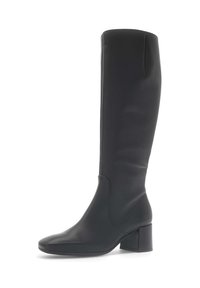 Botas de cuero negras hasta la rodilla con punta cuadrada y tacón de bloque, que presentan una textura suave y un diseño minimalista.