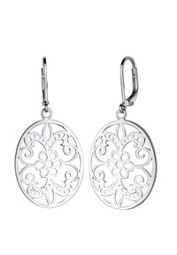 Pendientes de plata con forma ovalada, que presentan intrincados diseños de flores troqueladas y bisagras de palanca para un uso seguro.