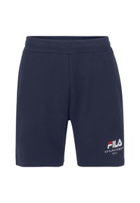 Marineblauwe katoenen shorts met een relaxte fit, voorzien van een geborduurd FILA-logo in wit, rood en blauw aan de linkerkant.