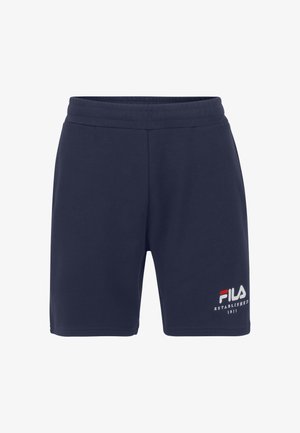 Shorts in cotone blu navy con una vestibilità morbida, caratterizzati da un logo FILA ricamato in bianco, rosso e blu sul lato sinistro.