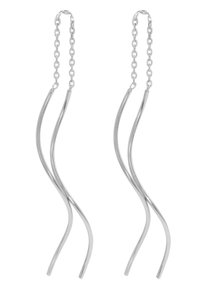 Sølvmetalløreringer med langstrakte, vridne design og kjedevedlegg. Glatt tekstur og polert finish gjennom hele.