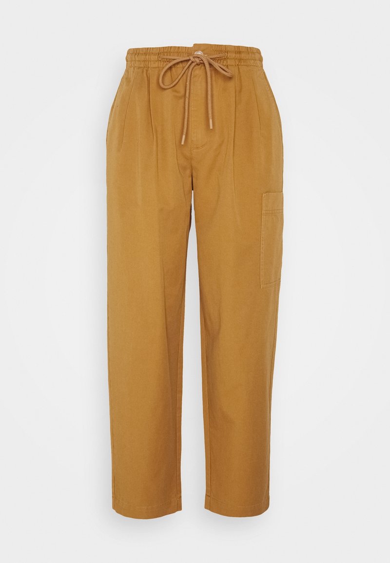 Pantalon décontracté marron avec taille élastique et cordon à l'avant, doté de poches latérales et d'une coupe droite.