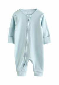 Himmelblaues, geripptes Baby-Body mit langen Ärmeln, Reißverschluss vorne und elastischen Bündchen an den Knöcheln, mit runden Ausschnitt und weicher Textur.