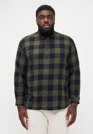 Green and navy checkered button-up shirt with long sleeves, collar, and dark buttons. Soft fabric with a relaxed fit and straight hem.