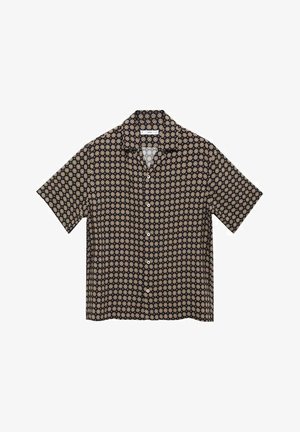Čierna košeľa s krátkym rukávom a zlatými kruhovými vzormi, s gombíkovým zapínaním a voľným strihom. Vyrobená z ľahkej tkaniny, hladkej textúry.