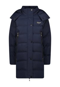 Piumino blu navy con colletto alto, chiusura frontale a zip e bottoni a pressione, e tasche laterali con zip. Presenta un logo del brand sul petto.