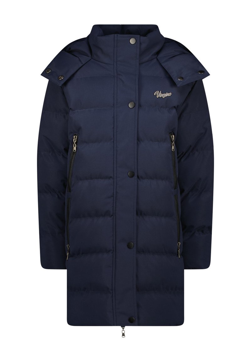 Piumino blu navy con colletto alto, chiusura frontale a zip e bottoni a pressione, e tasche laterali con zip. Presenta un logo del brand sul petto.
