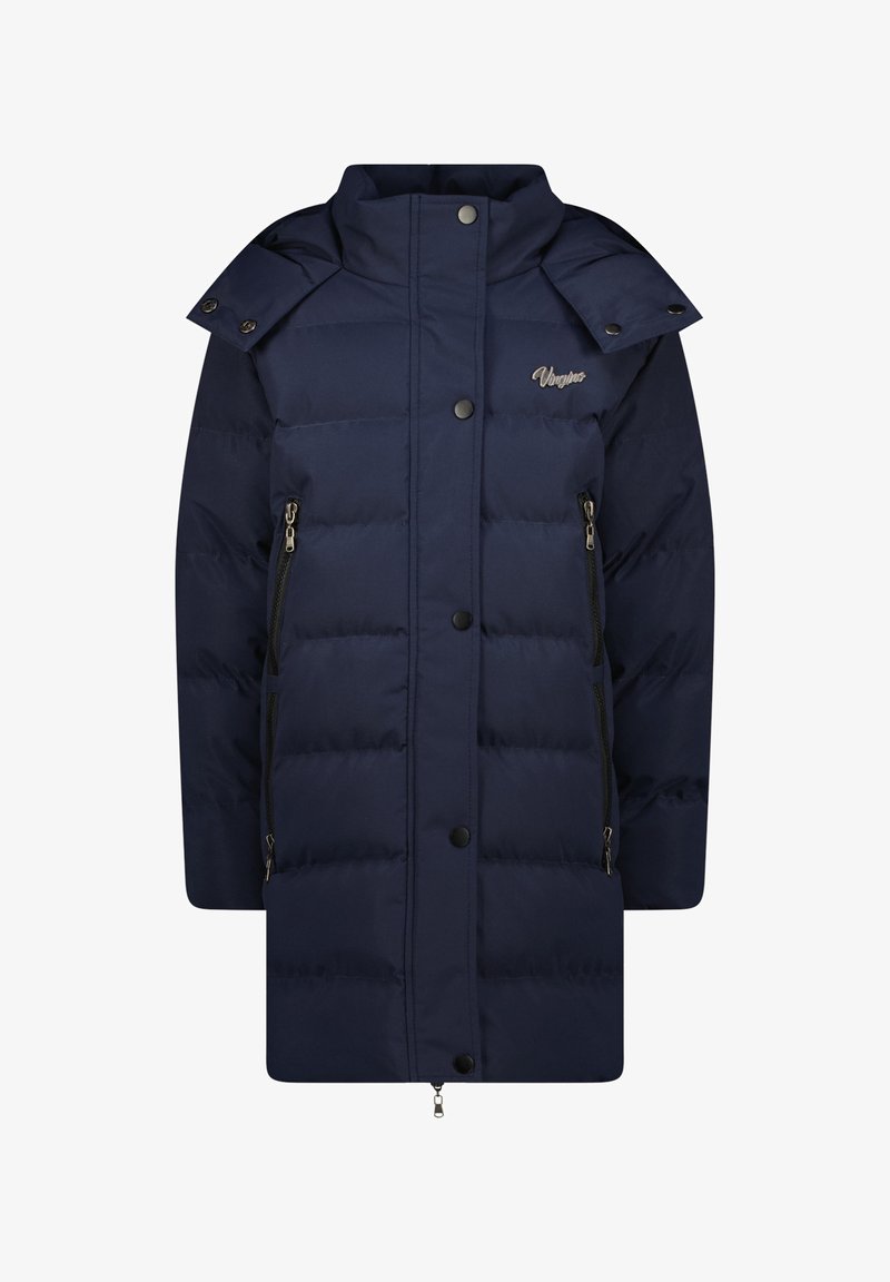 Abrigo acolchado azul marino con cuello alto, cierre frontal de cremallera y broches a presión, y bolsillos laterales con cremallera. Presenta un logotipo de la marca en el pecho.
