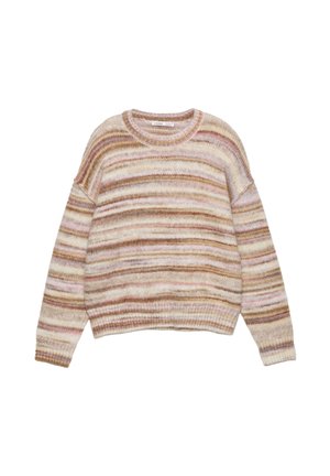 Pehmeä neulottu villapaita, jossa vaakasuorat raidat beigen, ruskean, vaaleanpunaisen ja valkoisen sävyissä, pyöreällä pääntiellä ja pitkillä hihoilla.