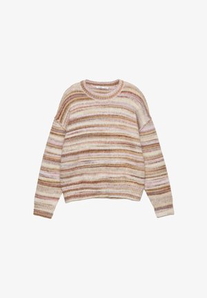 Mjuk stickad tröja med horisontella ränder i beige, bruna, rosa och vita nyanser, med rund halsringning och långa ärmar.