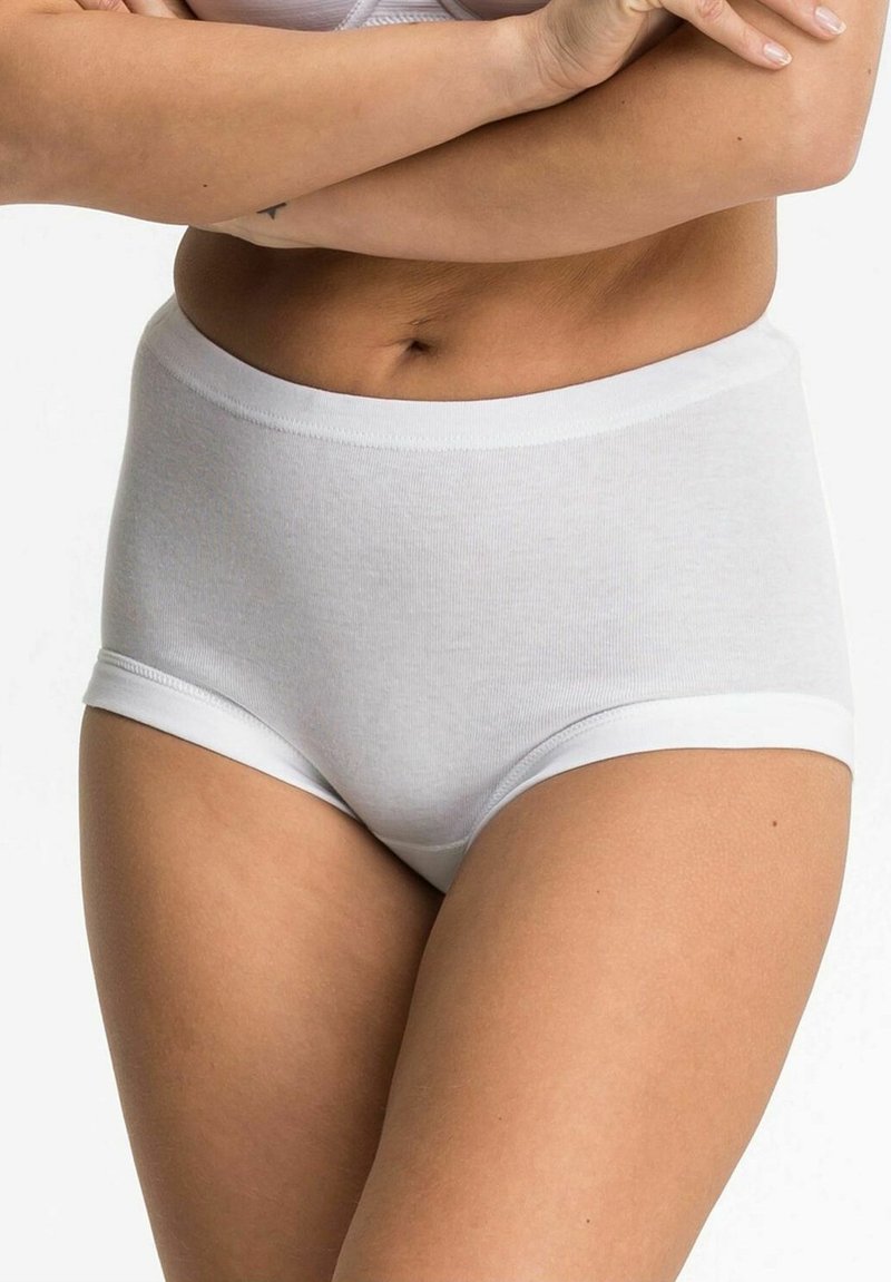 Weiße Baumwolle Hochbundslangwäsche mit glatter Textur, ausgestattet mit einem weichen Bund und kontrastierenden Einfassungen an den Beinausschnitten.