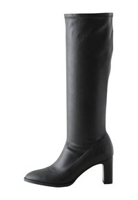 Sort knæhøj støvle med spids snude, lavet af glat læder, med blokhæl og sømløs design uden synligt hardware.
