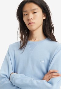 Light blue sweatshirt made of soft fabric, featuring ribbed accents at the neckline and a small logo tag on the chest.