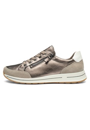 Metallic and suede sneaker with side zipper, lace-up front, white heel patch, and light-colored rubber sole.