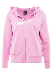 Sudadera con cremallera de color rosa claro, hecha de tejido suave, con un gran logo blanco de Nike en la parte frontal, capucha con cordón y puños acanalados.