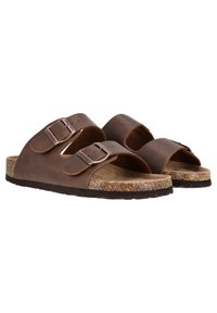 Sandales en cuir marron avec deux boucles réglables. Semelle en liège, semelle en caoutchouc texturée, design à bout ouvert et style minimaliste.