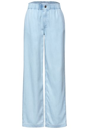 Hellblaue, weit geschnittene Hose mit elastischem Bund und Knopfverschluss, glatter Stoff, lässiger Stil.