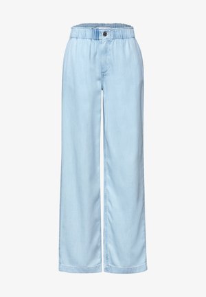 Pantalon large bleu clair avec taille élastique et fermeture par bouton, tissu lisse, style décontracté.