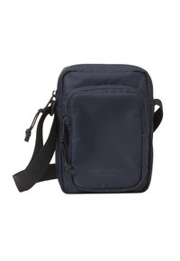 Borsa a tracolla navy realizzata in nylon resistente, con tasca frontale con zip, tracolla regolabile e dettagli con logo nella parte inferiore. Texture liscia e design compatto.