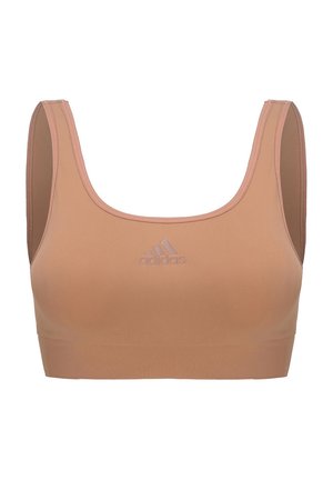 Soutien-gorge de sport couleur brun clair en tissu lisse. Il possède une bande large, une encolure dégagée et de fines bretelles. Inclut un logo subtil à l'avant.