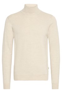 Jersey de cuello alto beige hecho de un tejido de punto suave. Presenta mangas largas y un diseño ajustado, con cuello y puños acanalados.