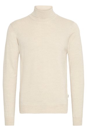 Beige høyhalset genser laget av myk strikket stoff. Har lange ermer og en tettsittende design, med ribbet halslinning og mansjetter.