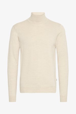 Beige høyhalset genser laget av myk strikket stoff. Har lange ermer og en tettsittende design, med ribbet halslinning og mansjetter.