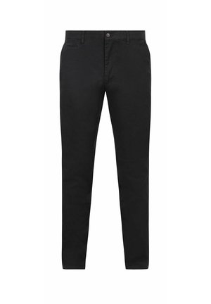 Zwarte slim-fit broek met riemlussen, voorknop en twee zijzakken, weergegeven op een witte achtergrond.