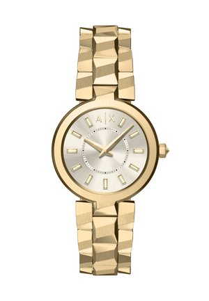 Goldene Armbanduhr mit geometrischem Gliederarmband, rundem silbernem Zifferblatt, goldenen Stundenmarkierungen und zwei Zeigern, die 10:10 anzeigen.