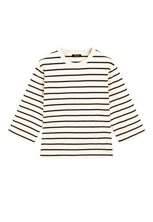 Camicia a maniche lunghe a righe in crema con righe orizzontali nere, scollatura rotonda e materiale in cotone morbido. Presenta maniche a tre quarti.
