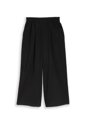 Zwarte wijde broek met elastische tailleband en zijzakken, gemaakt van textuurstof.