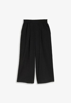 Zwarte wijde broek met elastische tailleband en zijzakken, gemaakt van textuurstof.