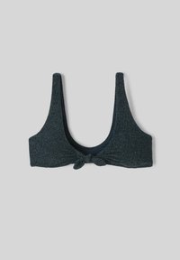 Haut de bikini bleu foncé en tissu extensible et texturé, avec des bretelles épaisses et un détail de lien à l'avant, ainsi qu'un décolleté arrondi.