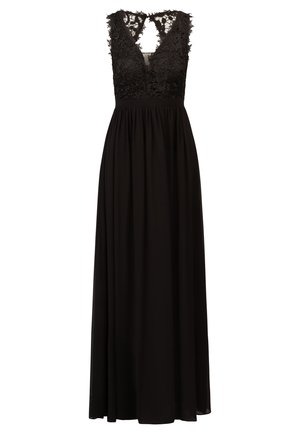 Abito nero lungo fino al pavimento con scollatura a V profonda e dettagli in pizzo floreale intricati sul corpetto. Tessuto morbido e design con vita arricciata.