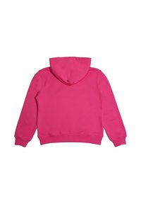Felpa rosa brillante con tasca a marsupio, polsini e orlo a coste. Presenta una texture morbida e un cappuccio ampia. Design semplice e informale.