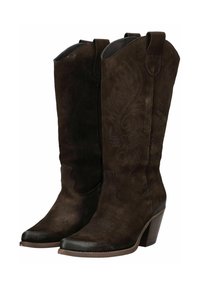 Brune ruskinds cowboystøvler med spids tå, dekorativ syning og stablet hæl. Har en høj skaft og trækflapper.