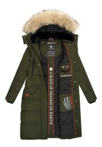 Olive green padded parka with a detachable faux fur hood, red inner lining, multiple pockets, and printed logos and text on the interior.