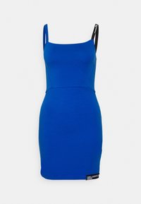 Siniset vartalonmyötäiset mekko ohuilla olkaimilla, valmistettu joustavasta kankaasta. Mekossa on sauma rinnan alla ja logotagi helman lähellä.