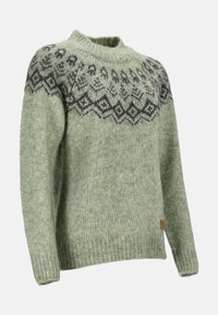 Pull en tricot vert clair avec motif géométrique et floral foncé autour de l'empiècement, poignets et ourlet côtelés.