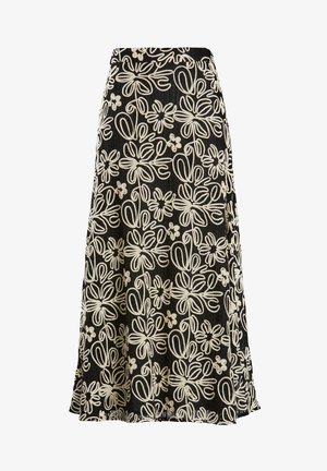 Zwarte rok met witte bloemenborduursels, met een uitlopende stijl en textuurstof, halflang met een tailleband aan de bovenkant.
