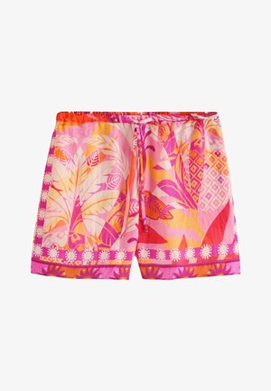 Pantaloni scurți largi cu modele florale și geometrice roz, portocalii și roșii și talie elastică cu șnur în față pentru legat.
