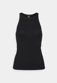 Débardeur noir côtelé avec un col montant, sans manches, coupe ajustée et texture subtile. Sans ornements ni motifs.