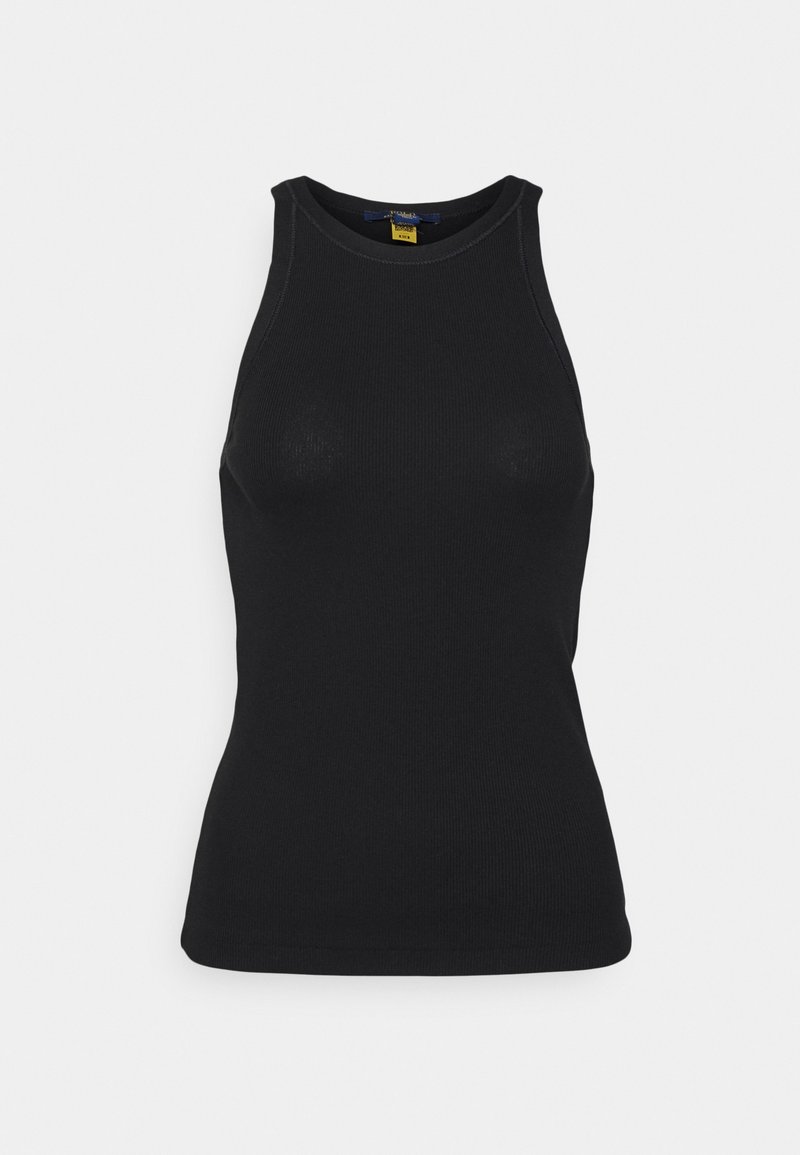 Débardeur noir côtelé avec un col montant, sans manches, coupe ajustée et texture subtile. Sans ornements ni motifs.