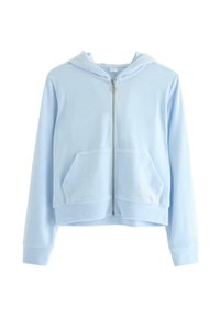 Jasnoniebieska bluza z kapturem na zamek, wykonana z miękkiego materiału, z kangurzą kieszenią i haftowanymi detalami. Krótka konstrukcja z kapturem.