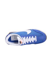 Chaussure de sport bleue avec une tige en daim et en mesh, accents blancs, semelle extérieure texturée et laçage prononcé. Logo Nike visible sur le côté.